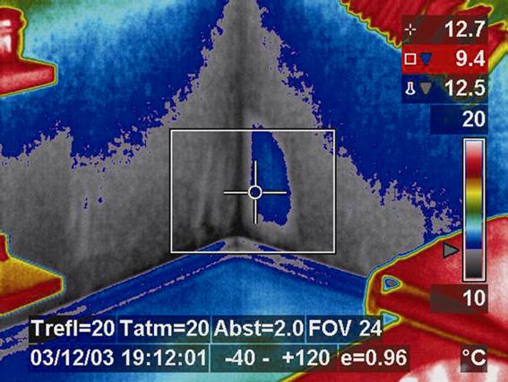 La caméra thermique permet ici d'évaluer les dommages causés par l'eau ou la condensation.